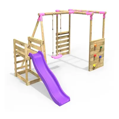 (Monkey Bars plus Deck & 6ft Slide - Solar, Pink) Rebo Wooden Children's Swing Set with Monkey B