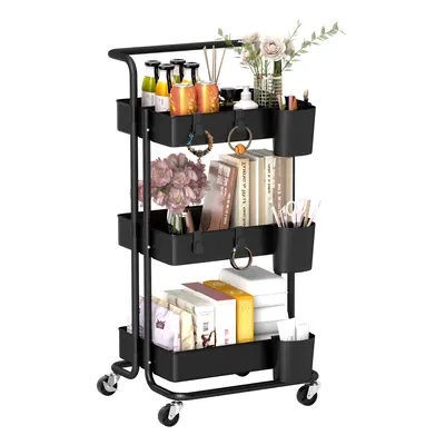 HOMCOM 3-Tier Utility Cart, Rolling Serving Trolley with Baskets and Hooks