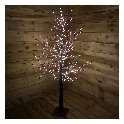 150cm 5ft Christmas Lit Black Twig Tree Red Berry Warm White LED