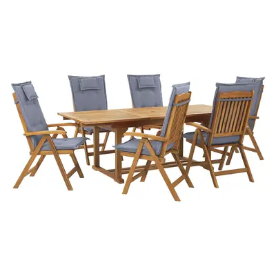 6 Seater Garden Dining Set with Cushions JAVA Acacia Wood Blue