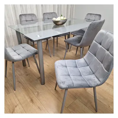 Grey Clear Glass Dining Table With Grey Tufted Velvet Chairs Set