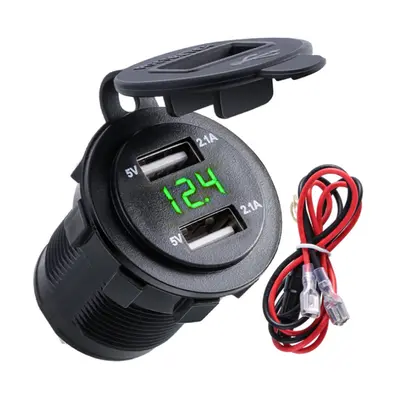 (Green) 12V-24V 3.1A Dual USB Charger Socket Adapter Voltage Voltmeter for Motorcycle Car Boat M