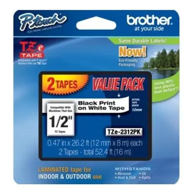 Brother TZE2312PK TZe Standard Adhesive Laminated Labeling Tapes 1/2w Black on White 2/Pack