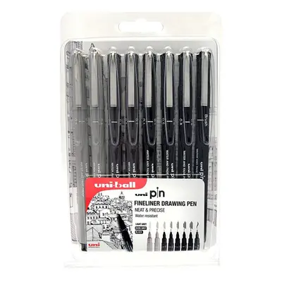 PIN 8pc Drawing Pen, Light Grey, Dark Grey Black Ink, Pack Assorted Nib Sizes