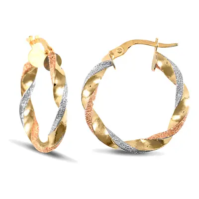 Jewelco London Ladies 9ct Yellow White and Rose Gold Frosted Twisted 3mm Hoop Earrings 22mm - JE