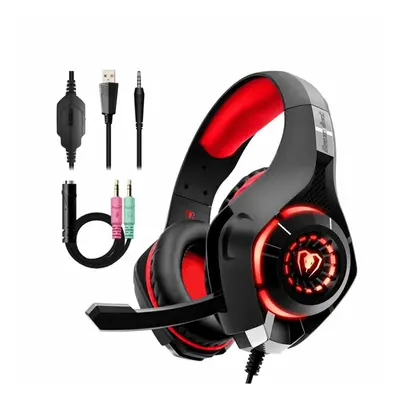 (Red) Stereo Gaming Headset Casque Deep Bass Stereo Game Headphone with Mic LED Light for PS4 Ph