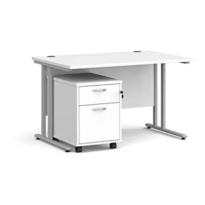 Mr Office Maestro straight desk - with silver cantilever frame and drawer pedestal bundle, White