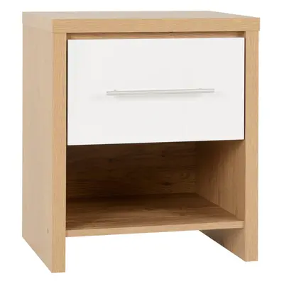 Seville Drawer Bedside Cabinet White High Gloss/Light Oak Effect Veneer