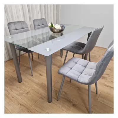 Grey Clear Glass Dining Table With Grey Tufted Velvet Chairs Set