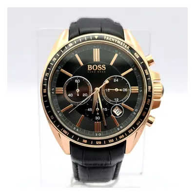 NEW HUGO BOSS HB1513092 ROSE GOLD AND BLACK LEATHER STRAP MENS WATCH