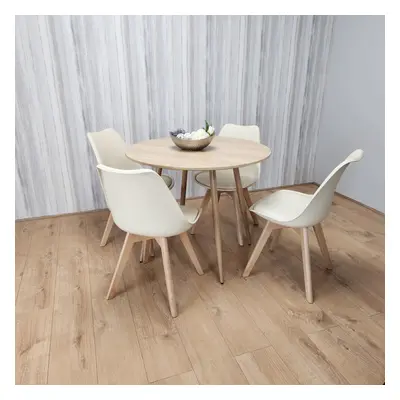 Round Oak Effect Kitchen Dining Table With Cream Tulip Chairs Set