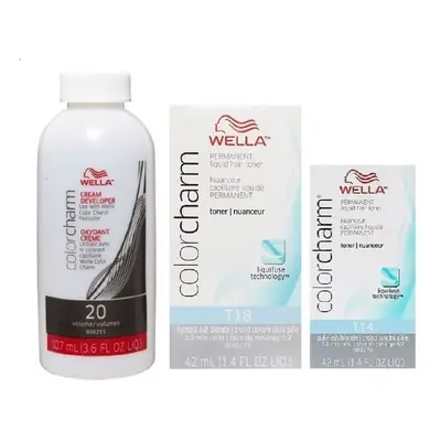 (T18+T14+Dev (Vol. 20) 3.6oz) Wella Color Charm T14 Pale Ash Blonde Permanent Liquid Hair Toner