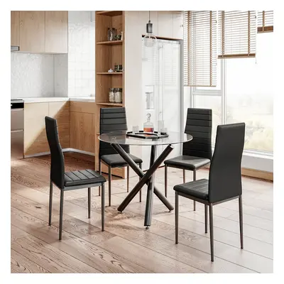 (Glass Table+4 Black Chair) Dining Table and Chairs Set of 4, High Back PU Leather Chair with Gl