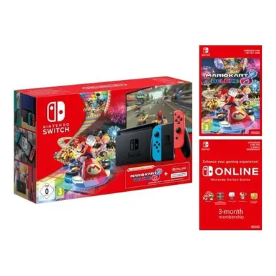 Nintendo Switch Neon Red/Neon Blue with Mario Kart Deluxe and Month Nintendo Switch Online Membe