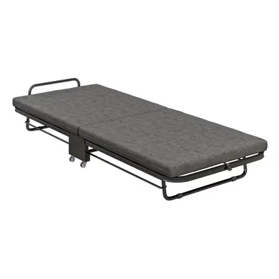 HOMCOM Single Folding Bed with Mattress Foldable Guest Bed on Wheels, Grey