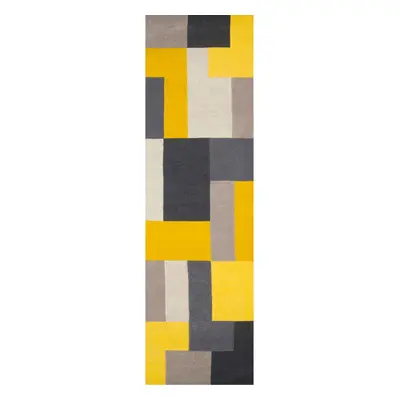 (Yellow, Runner: x cm) Modern Geometric Checkered Multi Coloured Rugs 100% Wool Hand Made Eco Fr