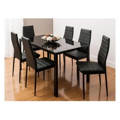 STUNNING GLASS BLACK DINING TABLE SET AND BLACK FAUX LEATHER CHAIRS