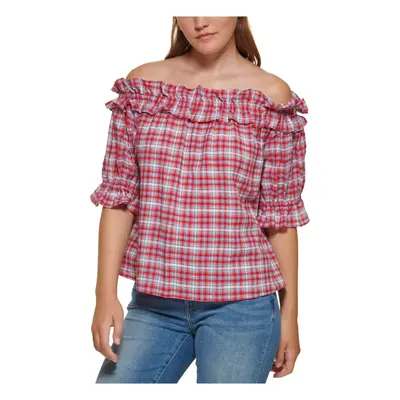 Tommy Hilfiger Womens Ruffled Plaid Blouse Red