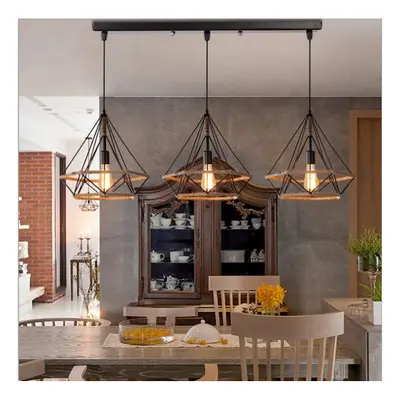 Retro Pendant Light Chandelier 25CM Diamond Ceiling Light Hemp Rope Heads Hanging Lamp Black Cre