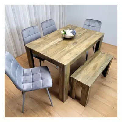 Wooden Dining Table Set for Rustic Effect Table With Grey Velvet Chairs and Bench