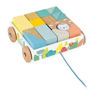 Janod Pure Pull-Along PC Cherry Wood Pastel Block Set in Matching Cart for Sorting & Motor Skill