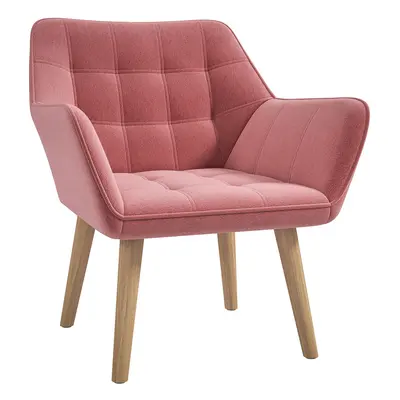 HOMCOM Velvet-Feel Accent Chair with Arms Slanted Back Wood Legs Pink