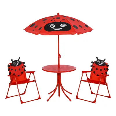 Outsunny Kids Folding Picnic Table Chair Set Ladybug Pattern Outdoor w/ Parasol