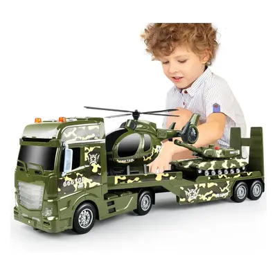 Dwi Dowellin Green Military Big Truck Toys,25.6" Semi Truck Toy with Helicopters and Tank,Army T