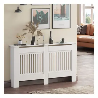 (Large, White) Radiator Cover White Modern MDF Vertical Slats Wood Decorative Cabinet for Living