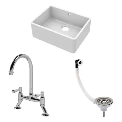 Fireclay Kitchen Bundle - Single Bowl Butler Sink with Overflow, Waste & Bridge Mixer Tap, 595mm