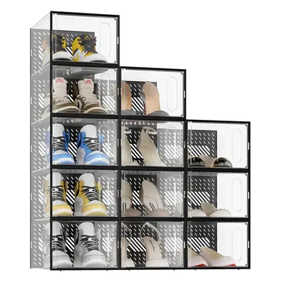 (12 pcs, Black) Stackable Shoe Boxes, Pcs Fit up to UK Size 11,Clear Hard Plastic Shoe Storage O