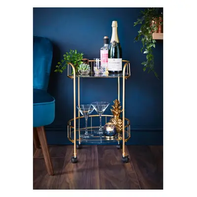 Stylish Gold Drinks Trolley Two Glass Shelves Bar Cart Serving Table