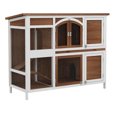 PawHut Two-Tier Wooden Rabbit Hutch w/ Openable Roof, Slide-Out Tray, Ramp