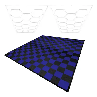 (Hexagon LED Lights x & Vented Garage Floor Tiles With Edges - Black & Blue) Vented Garage Floor