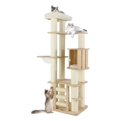 180 cm Tall Cat Tree Wooden Cat Tower w/ Cozy Perch & Condo-Natural