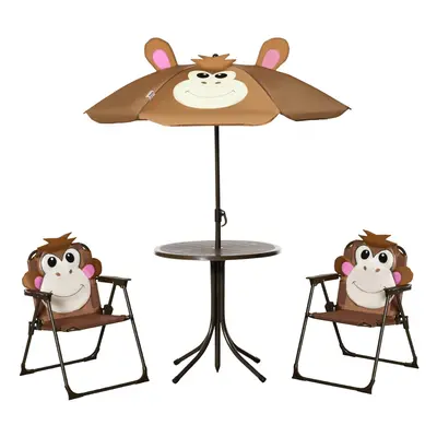 Outsunny Kids Foldable Four-Piece Garden Set w/ Table, Chairs, Umbrella - Brown