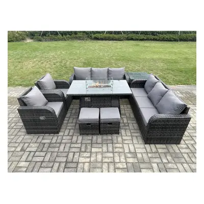 Fimous Wicker Rattan Garden Furniture Set Gas Fire Pit Dining Table Indoor Outdoor with Side Tab