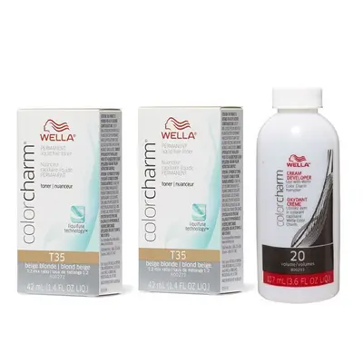 (T35 (2x), Dev (Vol.20) 3.6oz) Wella Color Charm T14 Pale Ash Blonde Permanent Liquid Hair Toner