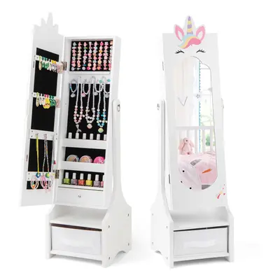 Kids Jewelry Cabinet Standing Children Jewelry Organizer w/Drawer-White