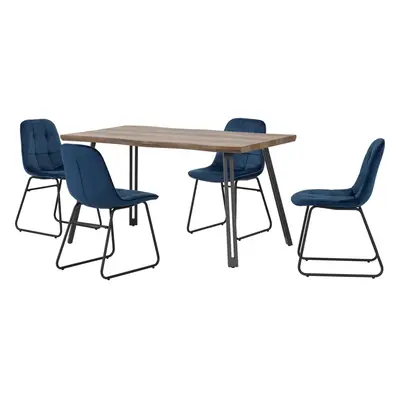 Quebec Wave Edge Dining Table + Lucas Chairs Set - Oak Effect & Blue Velvet