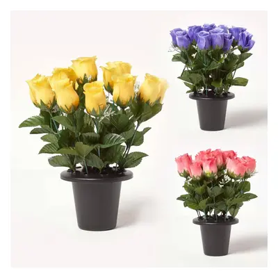 Artificial Pink, Yellow and Purple Rosebuds with Gypsophila in Grave Vase, Set of