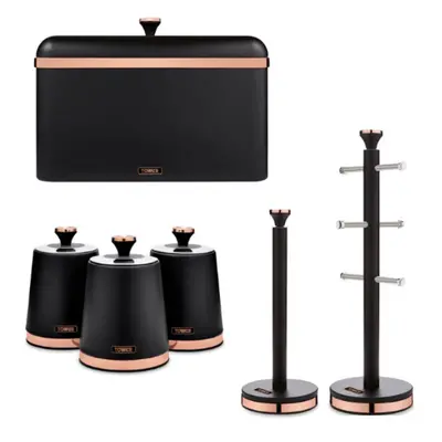 Tower Cavaletto Black 6pc Kitchen Set Bread Bin Canisters Towel Pole