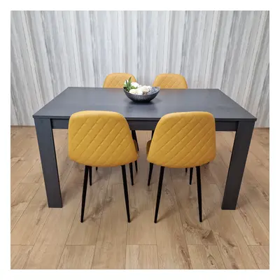 Luxurious Dark Grey Dining Table with Mustard-Stitched Chairs Dining Room set