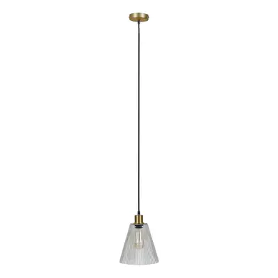 Modern Satin Gold Suspended Ceiling Pendant Light Fitting with a Ribbed Clear Glass Shade