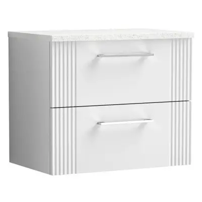 Retro Drawer Wall Hung Vanity Unit with Sparkling White Laminate Worktop - 600mm - Satin White -