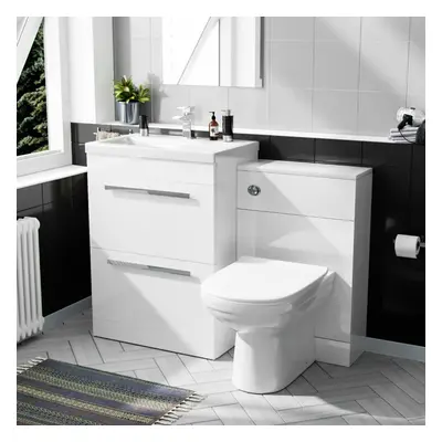 600mm Floorstanding White Drawer Vanity Basin Unit, WC & Curved BTW Toilet