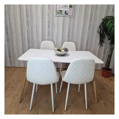 Wooden Dining Table with White Gem Patterned Chairs White Table