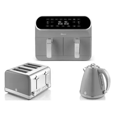 SWAN Retro Grey Kettle. Slice Toaster & Dual Basket Air Fryer Set