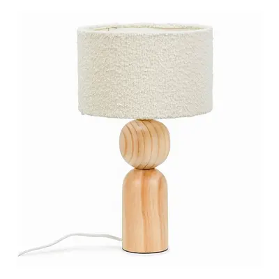 Rustic Wooden Base Table Lamp with Boucle Drum Shade Light + LED