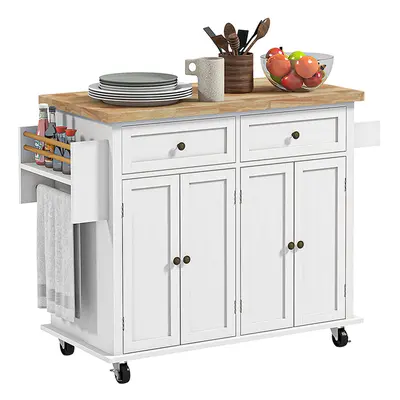 HOMCOM Rolling Kitchen Island Cart with Rubber Wood Top, Spices White